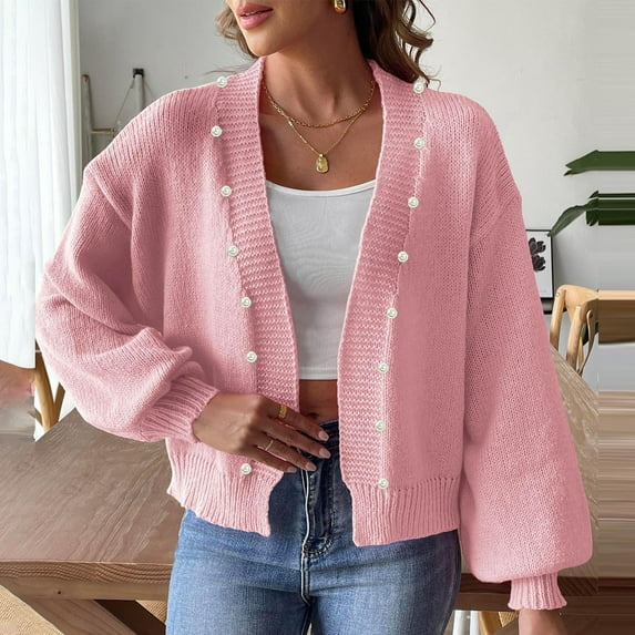 Brondbend Cardigan Sweaters for Women Long Sleeve Sweater for Women Open Front Button Fashion Knitted Top Loose Fit Fall Winter Casual Party Warm Outerwear Lightweight,Pink