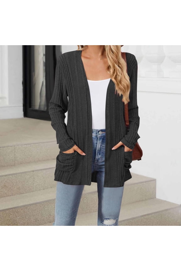 Cardigan for Women Knitted Top for Women Long Sleeved Open Front Top with Pocket Solid Color Coat Loose Fit Fall Fashion Party Going out Outerwear Comfortable Dark Gray