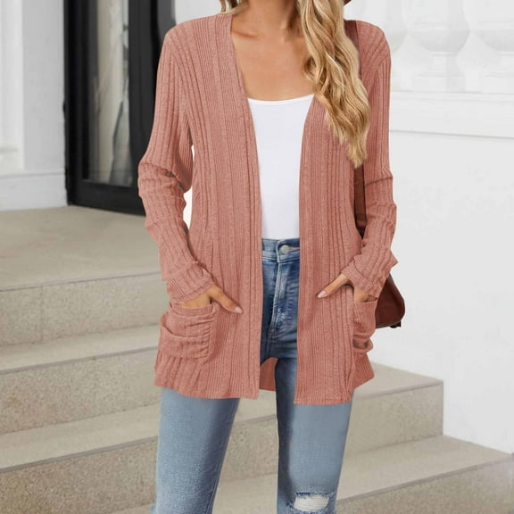 Brondbend Cardigan for Women Knitted Top for Women Long Sleeved Open Front Top with Pocket Solid Color Coat Loose Fit Fall Fashion Party Going out Outerwear Comfortable Pink