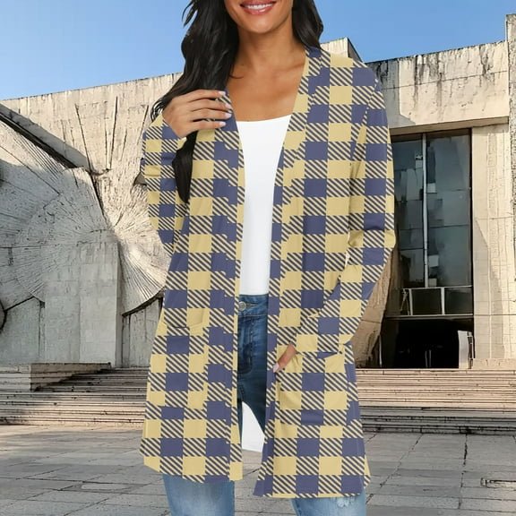 Brondbend Cardigans for Women Tops for Womens Long Sleeve Plaid Printed Open Front Cotton Coat with Pocket Loose Fit Fall Going out Vacation Comfortable Outerwear,Khaki