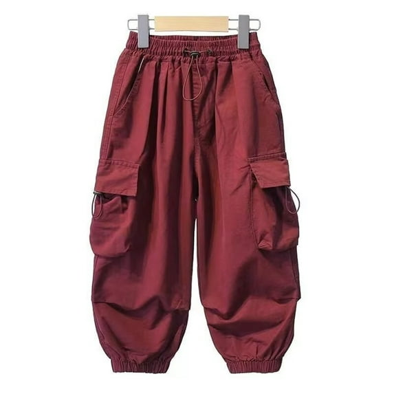 Brondbend Cargo Pants for Boys Stretchy Waisted Solid Color Drawstring Multifunctional Pocket Cotton Workout Pants Loose Fit Fall Winter Outdoor Athletic Comfortable Trousers,Wine