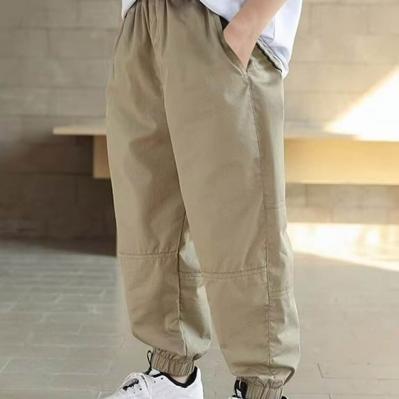 Brondbend Cargo Pants for Kids Casual Boys' Pants Elastic Waisted Solid Color Baggy Pocket Workout Pants Loose Fall Winter Outdoor Athletic Hiking Trousers,Khaki