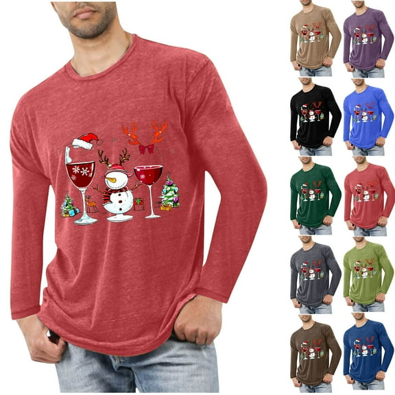 Brondbend Casual Clothes for Men Christmas Men’s Shirt Long Sleeved Crew Neck Fitness Homewear Print Stylish Blouse Regular Fit Work Clothes Army Green