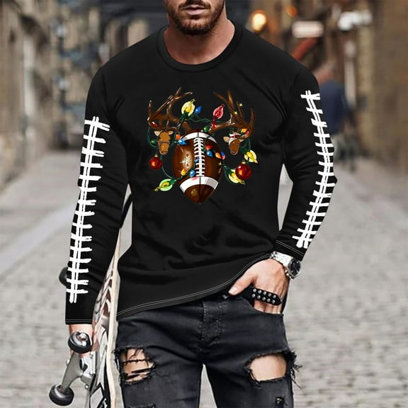 Brondbend Casual Clothes for Men Christmas Man Shirt Long Sleeve Crewneck Pullover Printed Fashion Blouse Loose Club Clothes Black