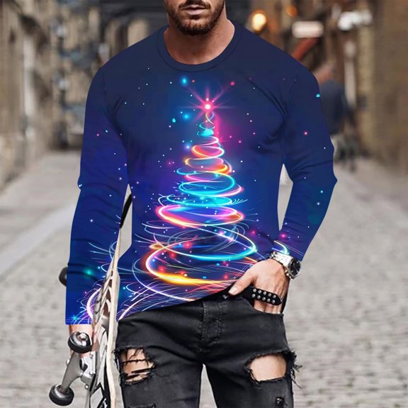 Brondbend Casual Clothes for Men Christmas Man Shirts Long Sleeves Crewneck Pullover Print Comfy Stylish Blouse Loose Fit Vacation Clothes Blue