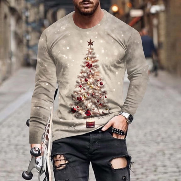 Brondbend Casual Clothes for Men Christmas Men Shirt Long Sleeved Crew Neck Pullover Print Comfy Trendy Blouse Regular Fit Work Clothes White