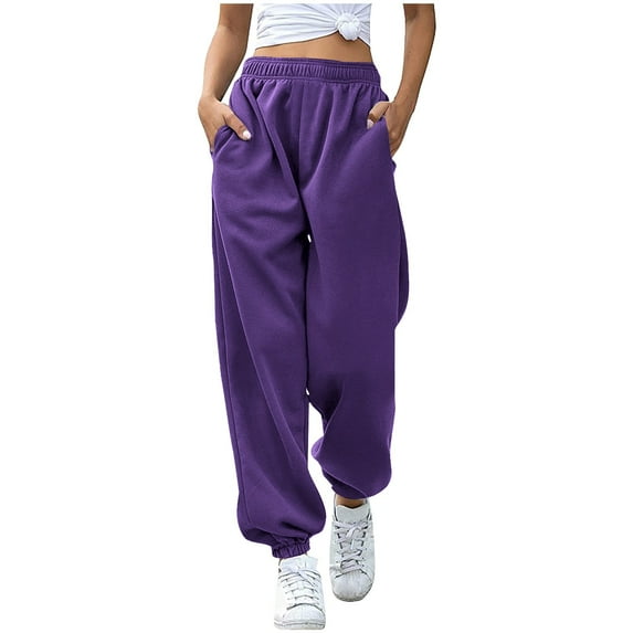 Brondbend Cheap Sweatpants for Women Jogger Pants for Womens High Waisted Solid Color Belly Control Pocket Workout Pants Loose Fall Winter Outdoor Fitness Running Athletic Trousers ,Purple