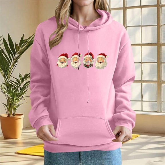 Brondbend Christmas Hoodie Womens Pullover Hoodies for Women Long Sleeved Pocket Drawstring Pullover Print Comfortable Plus Size Tops Lady Hiking Fall Winter Clothes Pink