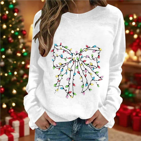 Brondbend Christmas Sweat Shirt Women Womens Pull over Crewneck Long Sleeved Top Printed Fashion Loose Tops Lady Festival Fall Winter Clothes White