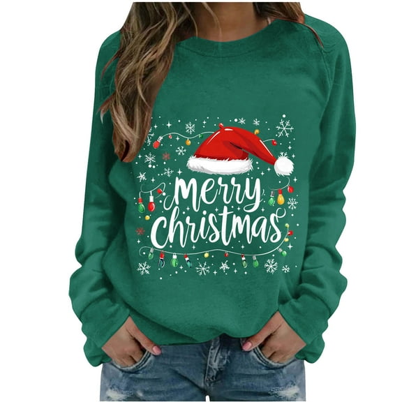 Brondbend Christmas Sweatshirt for Women Women Pullover Sweatshirt Crewneck Long Sleeved Top Printed Soft Stylish Loose Tops Lady Anniversary Fall Winter Clothes Army Green