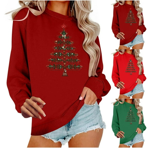 Brondbend Christmas Sweatshirts for Woman Pullover for Women Crewneck Long Sleeved Top Printed Fashion Loose Tops Ladies Going out Fall Winter Clothes Green