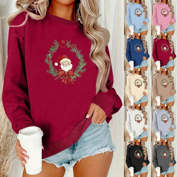 Brondbend Christmas Sweatshirts for Woman Women's Pullover Crewneck Long Sleeved Top Printed Comfortable Loose Tops Ladies Hiking Fall Winter Clothes Beige