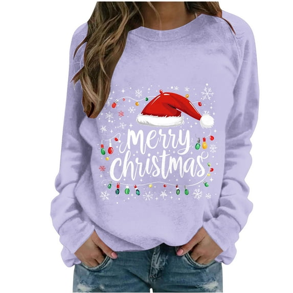 Brondbend Christmas Woman Sweatshirt Pullover Women Crewneck Long Sleeved Top Printed Casual Loose Tops Lady Festival Fall Winter Clothes Purple
