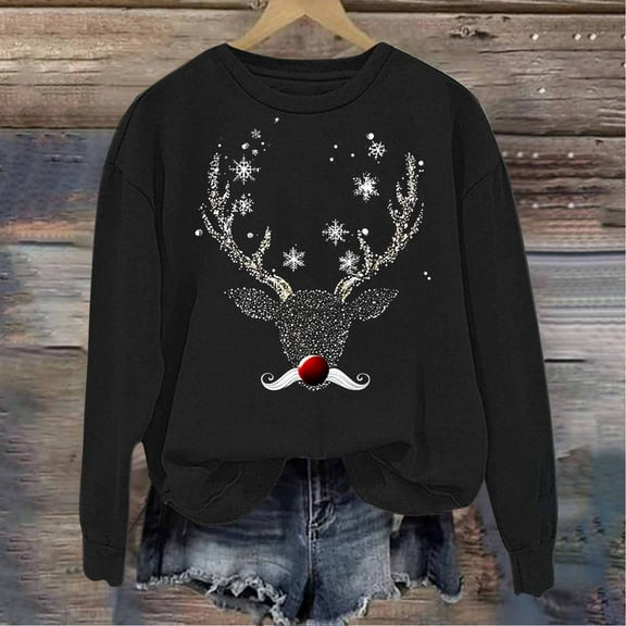 Brondbend Christmas Woman Sweatshirt Women Pullover Crewneck Long Sleeve Top Printed Casual Loose Fit Tops Lady Going out Fall Winter Clothes Black