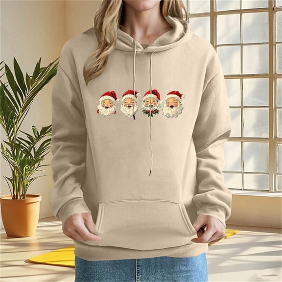Brondbend Christmas Women Hoodie Pullover for Womens Long Sleeved Pocket Drawstring Pullover Print Comfortable Loose Tops Lady Workout Fall Winter Clothes Khaki