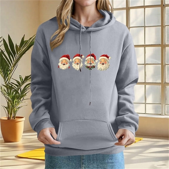 Brondbend Christmas Women Hoodies Pullover Womans Long Sleeved Pocket Drawstring Pullover Print Comfortable Plus Size Tops Ladies Vacation Fall Winter Clothes Gray