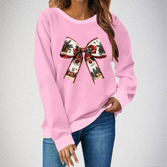 Brondbend Christmas Women Sweatshirts Womens Pullovers Crewneck Long Sleeve Top Printed Casual Loose Fit Tops Ladies Fitness Fall Winter Clothes Pink