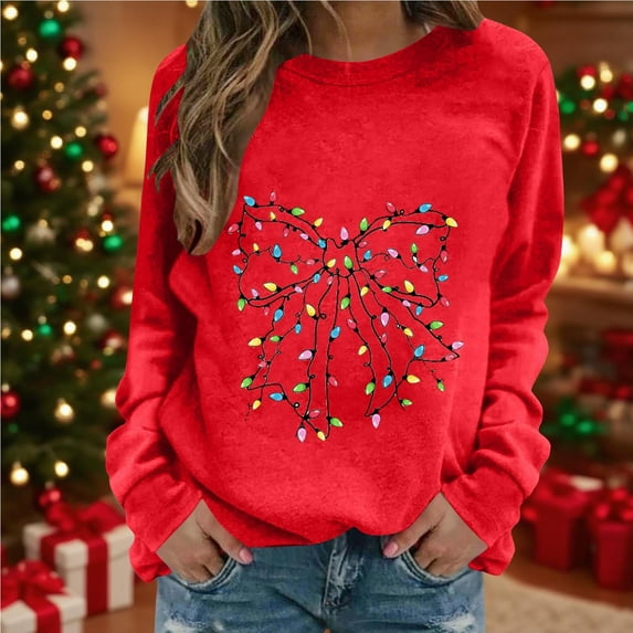 Brondbend Christmas Women's Sweatshirt Women's Pullover Crewneck Long Sleeved Top Printed Casual Loose Tops Lady Hiking Fall Winter Clothes Red