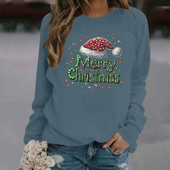 Brondbend Christmas Women’s Sweatshirts Women's Pullover Sweatshirt Crewneck Long Sleeved Top Printed Soft Stylish Loose Fit Tops Ladies Anniversary Fall Winter Clothes Blue