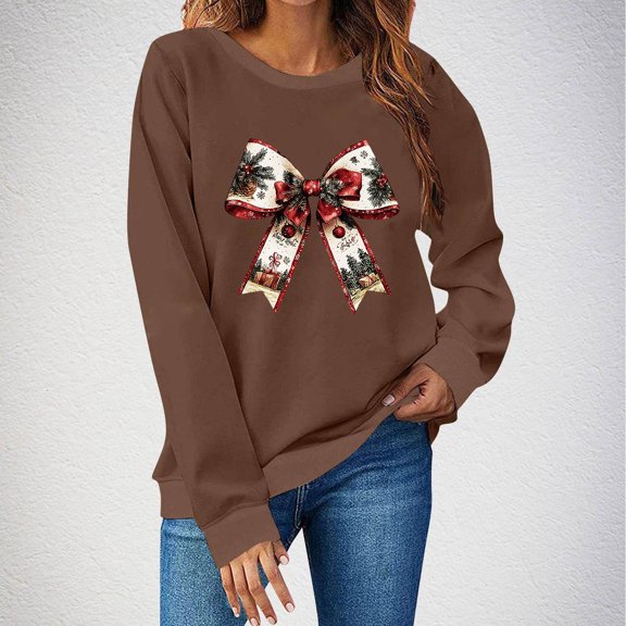 Brondbend Christmas Womens Sweatshirt Womens Pull over Crewneck Long Sleeve Top Printed Casual Loose Fit Tops Ladies Gym Running Fall Winter Clothes Brown