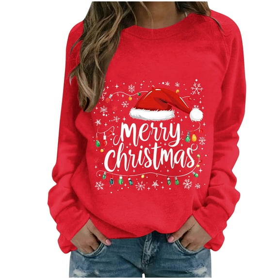 Brondbend Christmas Womens Sweatshirts Women's Pullover Crewneck Long Sleeved Top Printed Casual Loose Tops Ladies Running Fall Winter Clothes Red