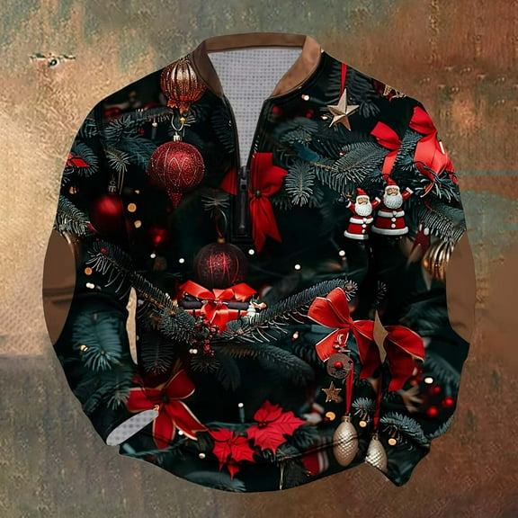 Brondbend Tops for Men Christmas Mens Shirts Long Sleeves Crewneck Quarter Zipper Pullover Print Casual Blouse Loose Fit Travel Clothes Multicolor