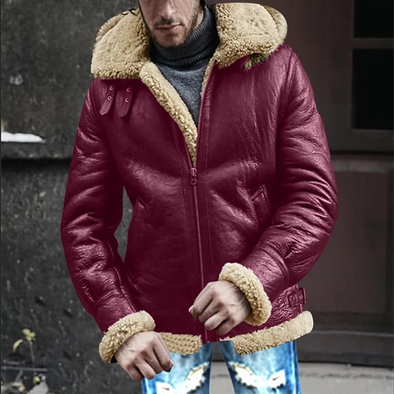 Brondbend Coat for Men Jacket Mens Hooded Long Sleeved Zipper Pocket Outerwear Solid Color Warm Jacket Loose Fit Holiday Tops Wine