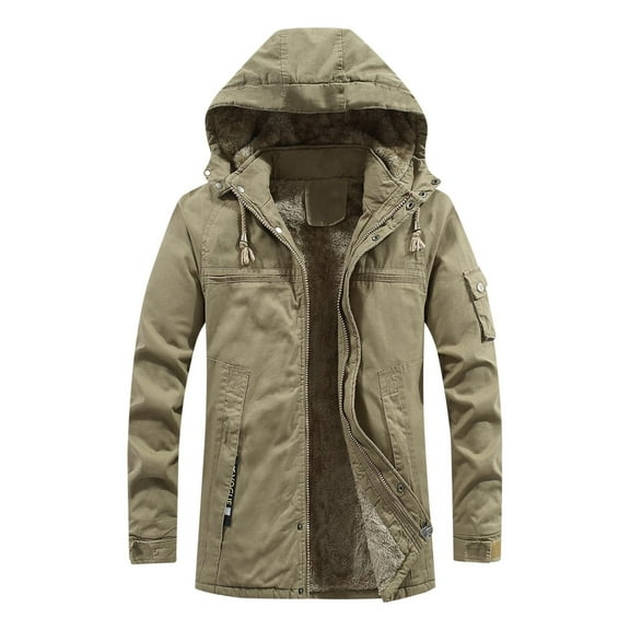 Brondbend Coat for Men Mens Fall Jacket Hooded Long Sleeved Zipper Pocket Outerwear Solid Color Leisure Jacket Loose Fit Outdoor Tops Khaki