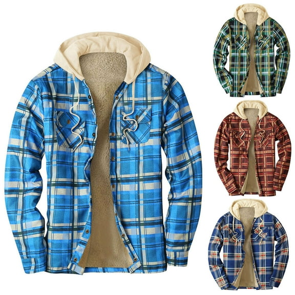 Brondbend Coat for Men Mens Fall Jackets Hooded Long Sleeved Pocket Button Outerwear Plaid Thick Jacket Loose Fit Going out Tops Dark Blue