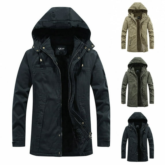 Brondbend Coats for Men Men Jacket Hooded Long Sleeved Zipper Pocket Outerwear Solid Color Warm Jacket Loose Fit Travel Tops Army Green