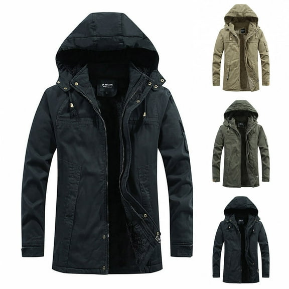 Brondbend Coats for Men Men Jacket Hooded Long Sleeved Zipper Pocket Outerwear Solid Color Warm Jacket Loose Fit Travel Tops Army Green