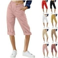 thumbnail image 1 of Brondbend Cropped Pants for Women Casual Capri Pants for Womens Solid Color Stretch Waist Button Drawstring Flat Front Straight Leg Cotton Linen Trousers with Pocket Relaxed Fit Fall Beach Comfy, 1 of 4