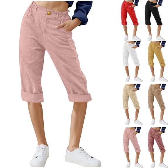 Brondbend Cropped Pants for Women Casual Capri Pants for Womens Solid Color Stretch Waist Button Drawstring Flat Front Straight Leg Cotton Linen Trousers with Pocket Relaxed Fit Fall Beach Comfy