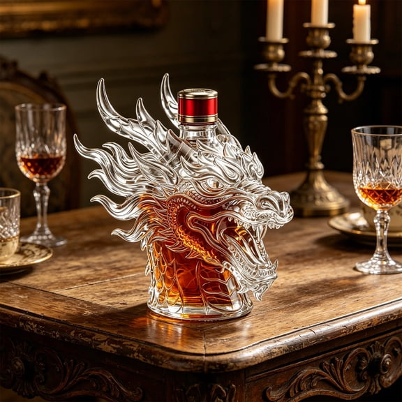Brondbend Dragon Head Decanter Crystal Glass 750ml Lead Free Liquor Carafe with Red Stopper for Whiskey Vodka Brandy Home Bar Man Cave Shelf Display