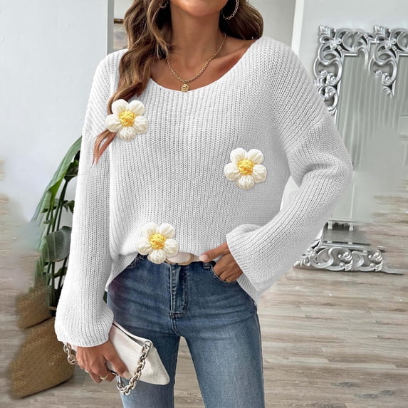 Brondbend Fall Sweaters for Women Knit Tops for Women Casual Crewneck Long Sleeved Sweater Fashion Floral Print Loose Top Fall Winter Comfortable Outdoor Warm Blouse,White