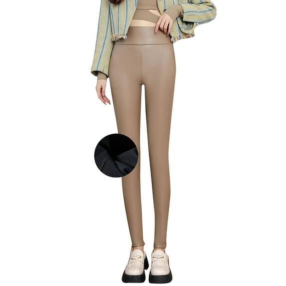 Brondbend Fleece Lined Leggings Women Thick Tights High Waisted Solid Leather Pants Warm Bottom Pants Slim Fall Winter Outdoor Activities Fashion Trousers,Khaki
