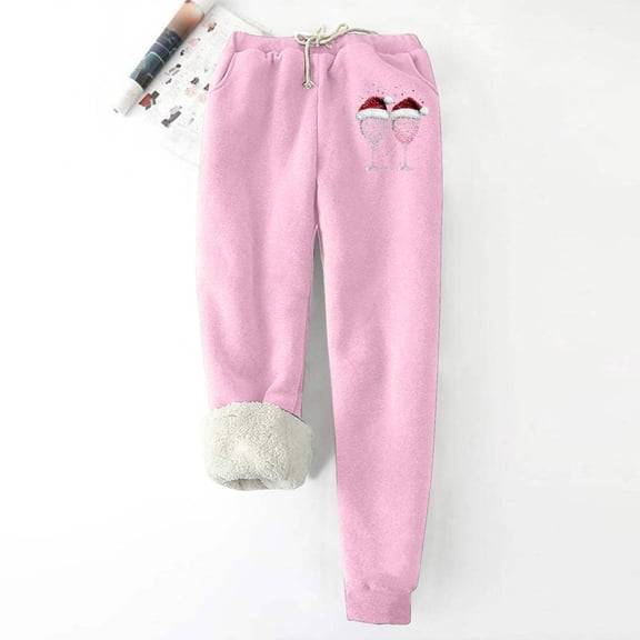 Brondbend Fleece Sweatpants Women Fleece Joggers Christmas Thick High Waisted Pocket Print Drawstring Workout Pants Fall Winter Comfortable Outdoor Sports Trousers,Pink
