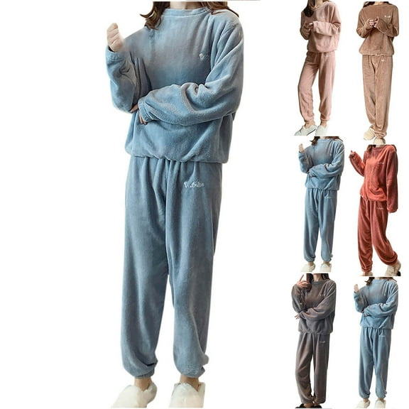 Brondbend Fuzzy Fleece Pajama Set for Women,2 Piece Sleepwear Outfits Crewneck Long Sleeve Printed top with Casual Long Pants Suit,Loose Fall Winter Warm Home Wear,Blue