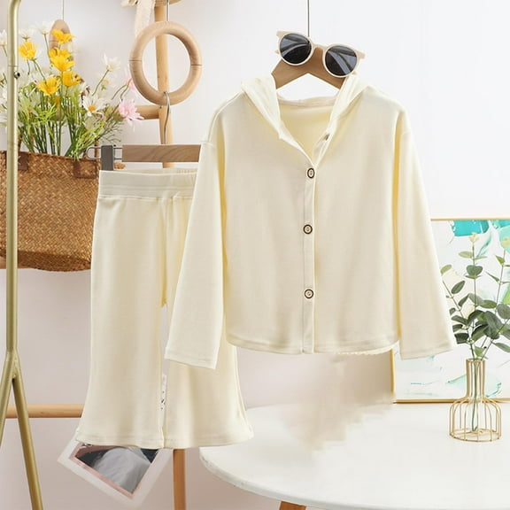 Brondbend Girls' Cardigans Set Hoodies for Kids 2-Piece Long Sleeve Solid Color Button Top Cotton Outfit with Long Pants Regular Fit Fall Winter Comfortable Going Out,Beige