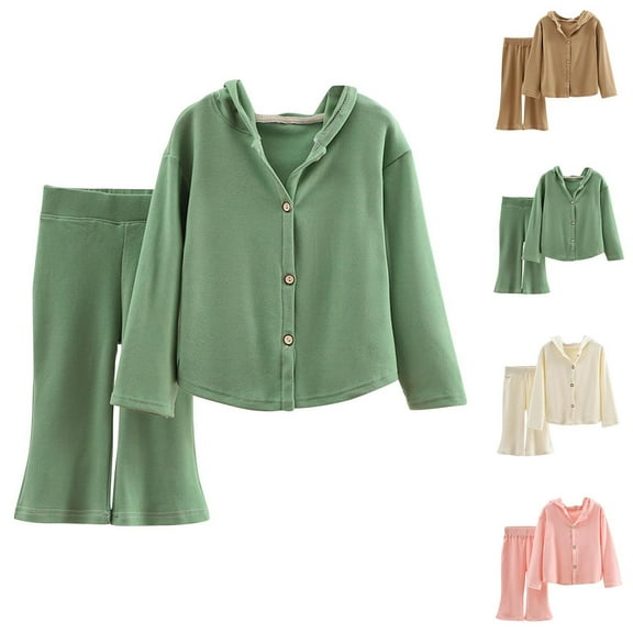 Brondbend Girls' Cardigans Set Hoodies for Kids 2-Piece Long Sleeve Solid Color Button Top Cotton Outfit with Long Pants Regular Fit Fall Winter Comfortable Going Out,Beige