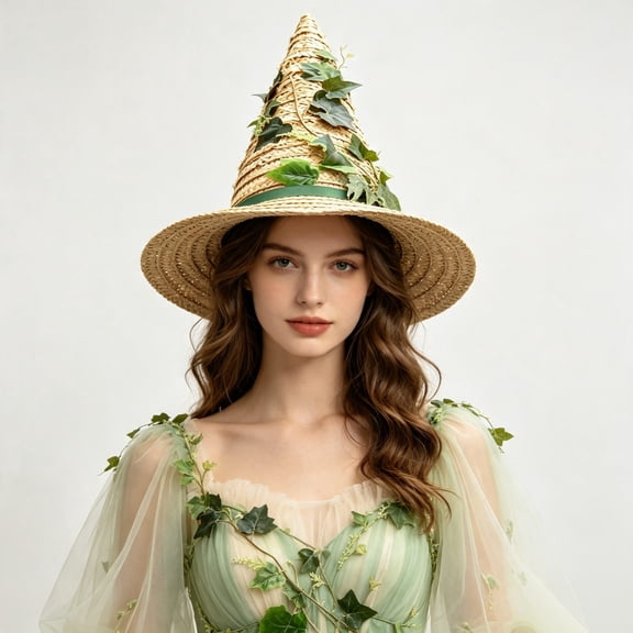 Brondbend Halloween Witch Hat Handwoven Natural Straw Ivy Vine Decorated Forest Cap Wide Brim Pointed Wizard Costume Accessory Adult Renaissance Fair Party Reusable Breathable