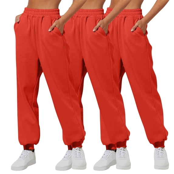 Brondbend High Waisted Sweatpants for Women 3pc Womens Jogging Pants Elastic Waist Solid Color Pocket Workout Pants Loose Fit Fall Winter Comfortable Athletic Trousers,Orange