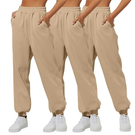 Brondbend High Waisted Sweatpants for Women 3pc Womens Jogging Pants Elastic Waist Solid Color Pocket Workout Pants Loose Fit Fall Winter Comfortable Athletic Trousers,Khaki