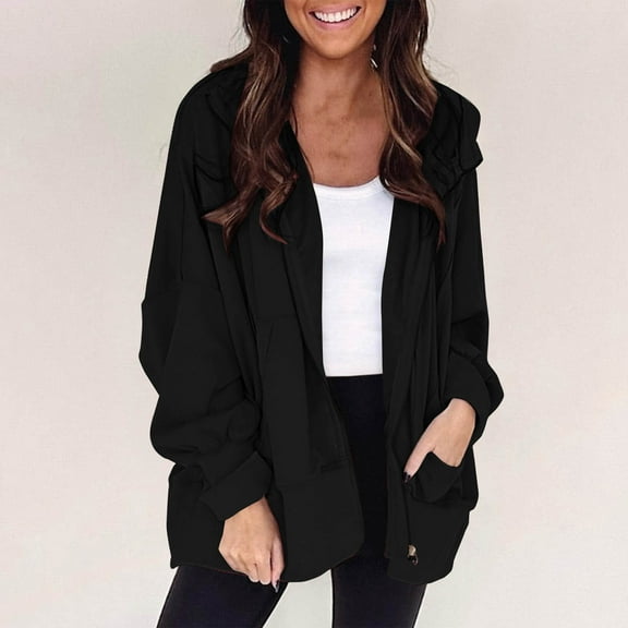 Brondbend Hooded Jacket Womens Women's Long Sleeve Zipper Solid Color Pocket Coat Sweatshirts Oversized Fall Winter Workout Clothes Comfortable,Black