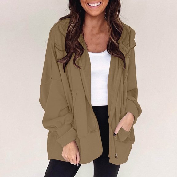 Brondbend Hooded Jacket Womens Women's Long Sleeve Zipper Solid Color Pocket Coat Sweatshirts Oversized Fall Winter Workout Clothes Comfortable,Khaki