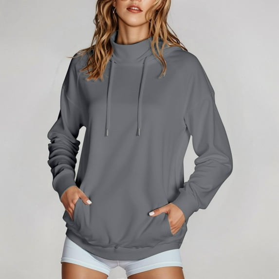 Brondbend Hoodie Sweatshirt for Women Pullovers Women Mock Neck Long Sleeved Solid Color Pocket Fashion Top with Drawstring Loose Fit Fall Winter Party Work Casual Top (Gray)