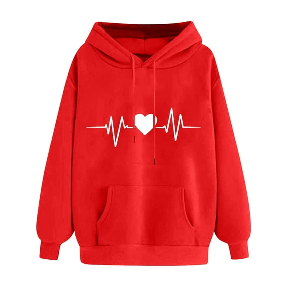 Brondbend Hoodie for Women Pullover Hoodies for Women Long Sleeved Drawstring Pocket Pullover Print Comfortable Oversized Tops Lady Hiking Workout Fall Winter Wear Red