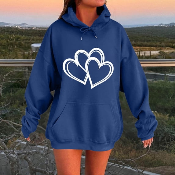 Brondbend Hoodie Women Pullover Womens Long Sleeved Drawstring Pocket Pullover Print Stylish Plus Size Tops Lady Mountaineering Fall Winter Wear Blue