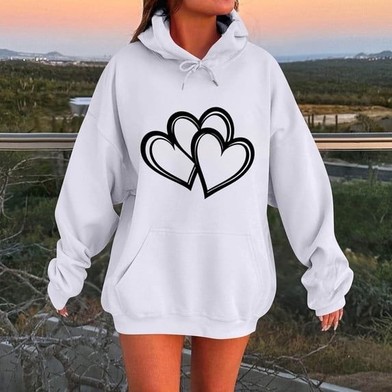 Brondbend Hoodie for Women Pullovers for Women Long Sleeved Drawstring Pocket Pullover Print Stylish Loose Tops Ladies Outdoor Travel Fall Winter Wear White