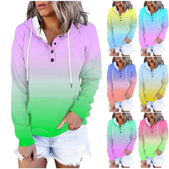 Brondbend Hoodie for Women Womens Pullovers Long Sleeved Drawstring Pocket Button Pullover Print Stylish Oversized Tops Ladies Outdoor Sport Fall Winter Wear Blue